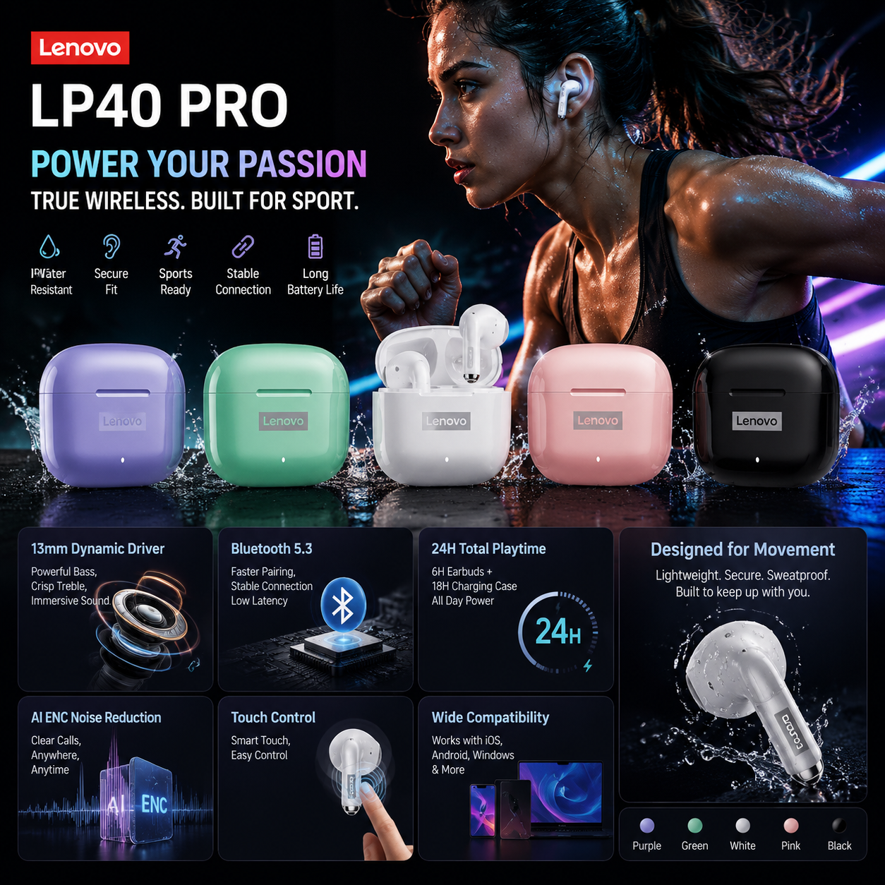 NOVO Fone de Ouvido Lenovo LP40 Pro TWS Bluetooth 5.3 com Conexão Rápida, Design Ergonômico e Velocidade de Transmissão Potente